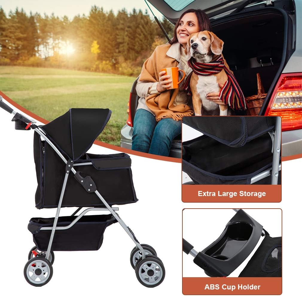 BestPet Pet Stroller Cat Dog Cage Stroller Travel Folding Carrier,Black