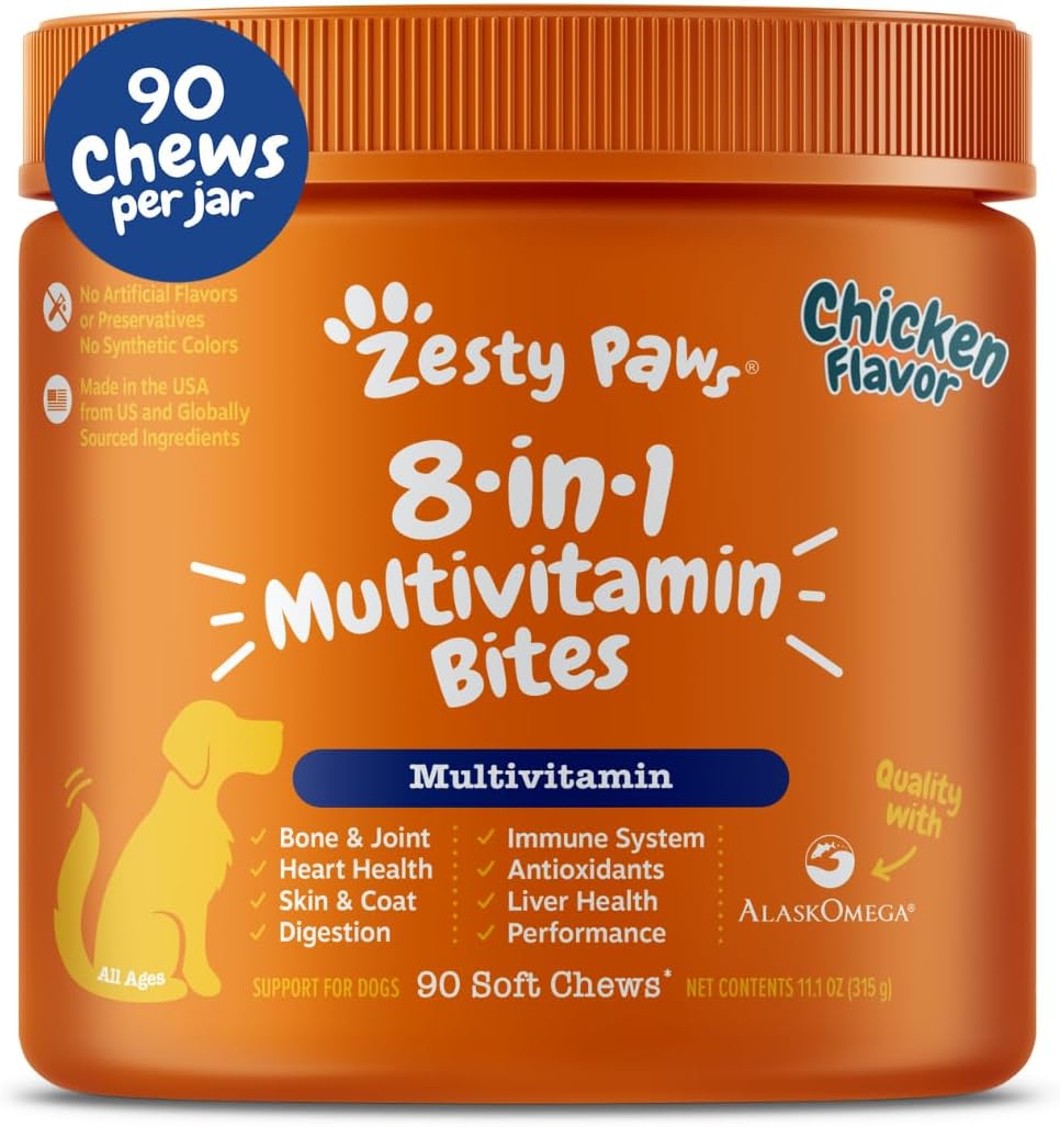 Zesty Paws Multivitamin Treats for Dogs - Glucosamine Chondroitin for Joint Support + Digestive Enzymes & Probiotics - Grain Free Dog Vitamin for Skin & Coat + Immune Health - Chicken Flavor - 90ct