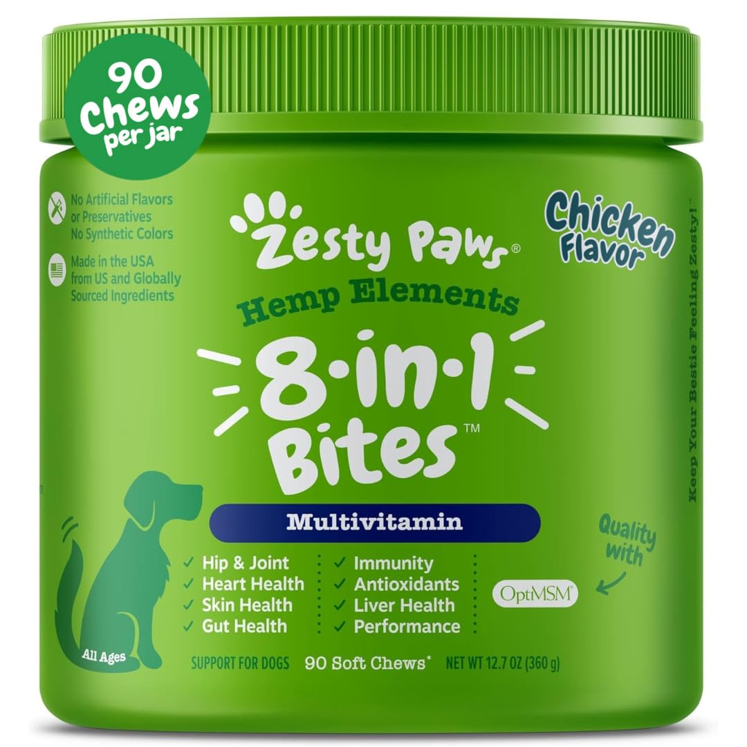 Zesty Paws Multivitamin Treats for Dogs - Glucosamine Chondroitin for Joint Support + Digestive Enzymes & Probiotics - Grain Free Dog Vitamin for Skin & Coat + Immune Health - Chicken Flavor - 90ct