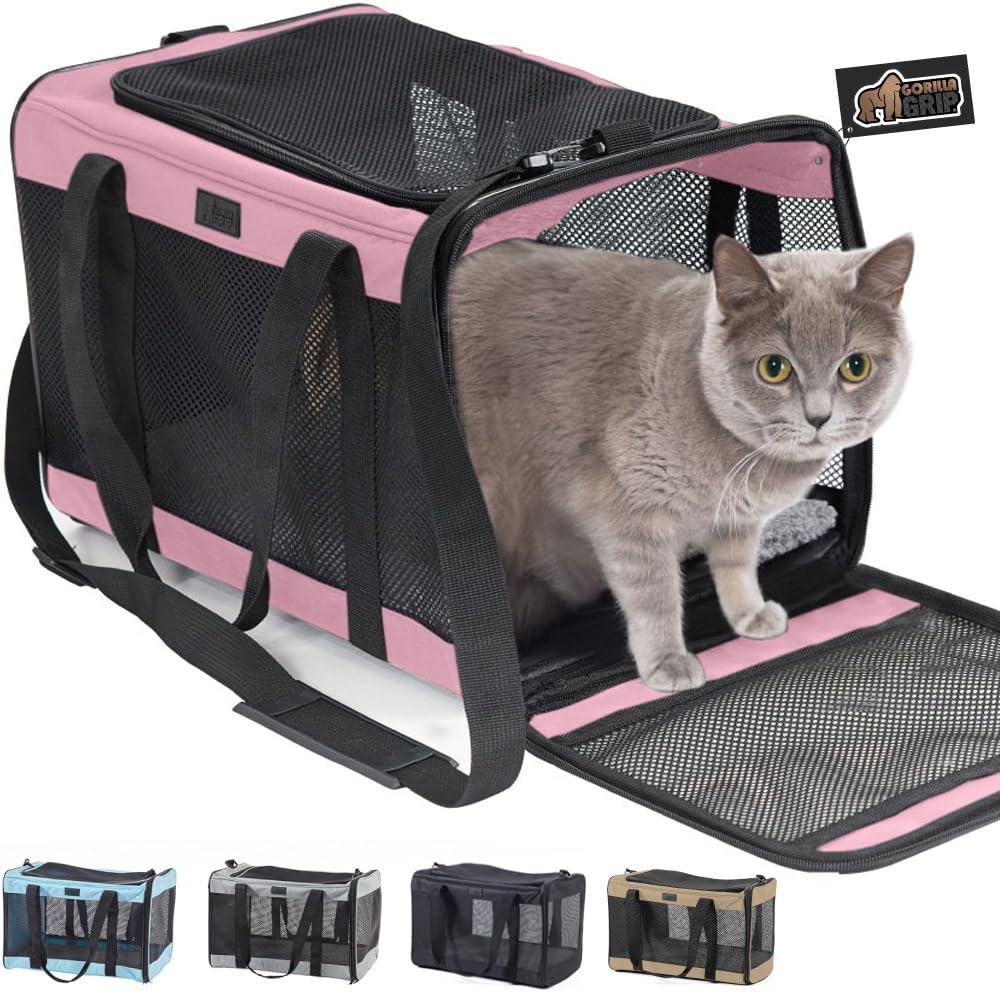 Gorilla Grip Airline Travel Cat Carrier Bag Up to 15 Lbs, Breathable Mesh Collapsible Pet Carriers for Small, Medium Cats, Small Dogs, Puppies, Portable Kennel with Soft Washable Waterproof Pad, Blue