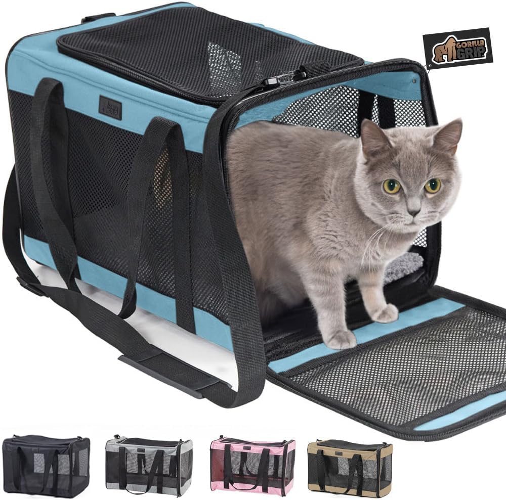 Gorilla Grip Airline Travel Cat Carrier Bag Up to 15 Lbs, Breathable Mesh Collapsible Pet Carriers for Small, Medium Cats, Small Dogs, Puppies, Portable Kennel with Soft Washable Waterproof Pad, Blue