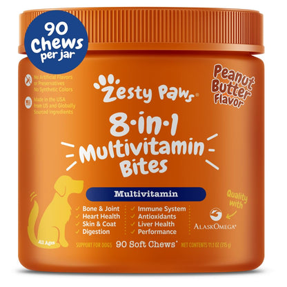 Zesty Paws Multivitamin Treats for Dogs - Glucosamine Chondroitin for Joint Support + Digestive Enzymes & Probiotics - Grain Free Dog Vitamin for Skin & Coat + Immune Health - Chicken Flavor - 90ct