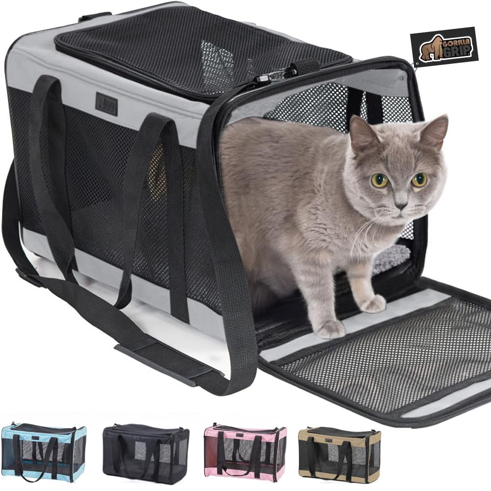 Gorilla Grip Airline Travel Cat Carrier Bag Up to 15 Lbs, Breathable Mesh Collapsible Pet Carriers for Small, Medium Cats, Small Dogs, Puppies, Portable Kennel with Soft Washable Waterproof Pad, Blue