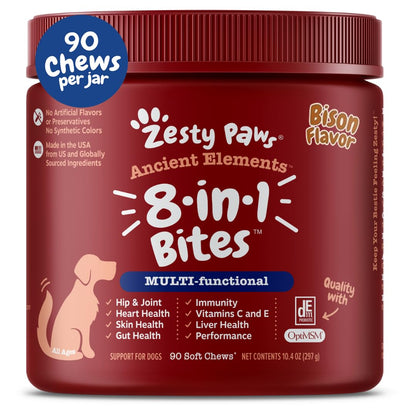 Zesty Paws Multivitamin Treats for Dogs - Glucosamine Chondroitin for Joint Support + Digestive Enzymes & Probiotics - Grain Free Dog Vitamin for Skin & Coat + Immune Health - Chicken Flavor - 90ct