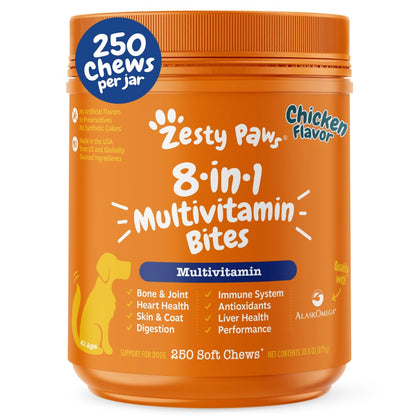 Zesty Paws Multivitamin Treats for Dogs - Glucosamine Chondroitin for Joint Support + Digestive Enzymes & Probiotics - Grain Free Dog Vitamin for Skin & Coat + Immune Health - Chicken Flavor - 90ct