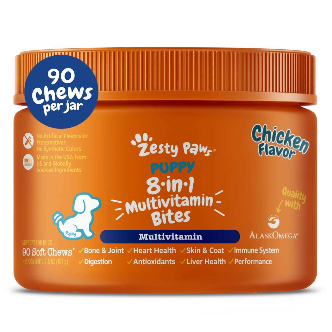 Zesty Paws Multivitamin Treats for Dogs - Glucosamine Chondroitin for Joint Support + Digestive Enzymes & Probiotics - Grain Free Dog Vitamin for Skin & Coat + Immune Health - Chicken Flavor - 90ct