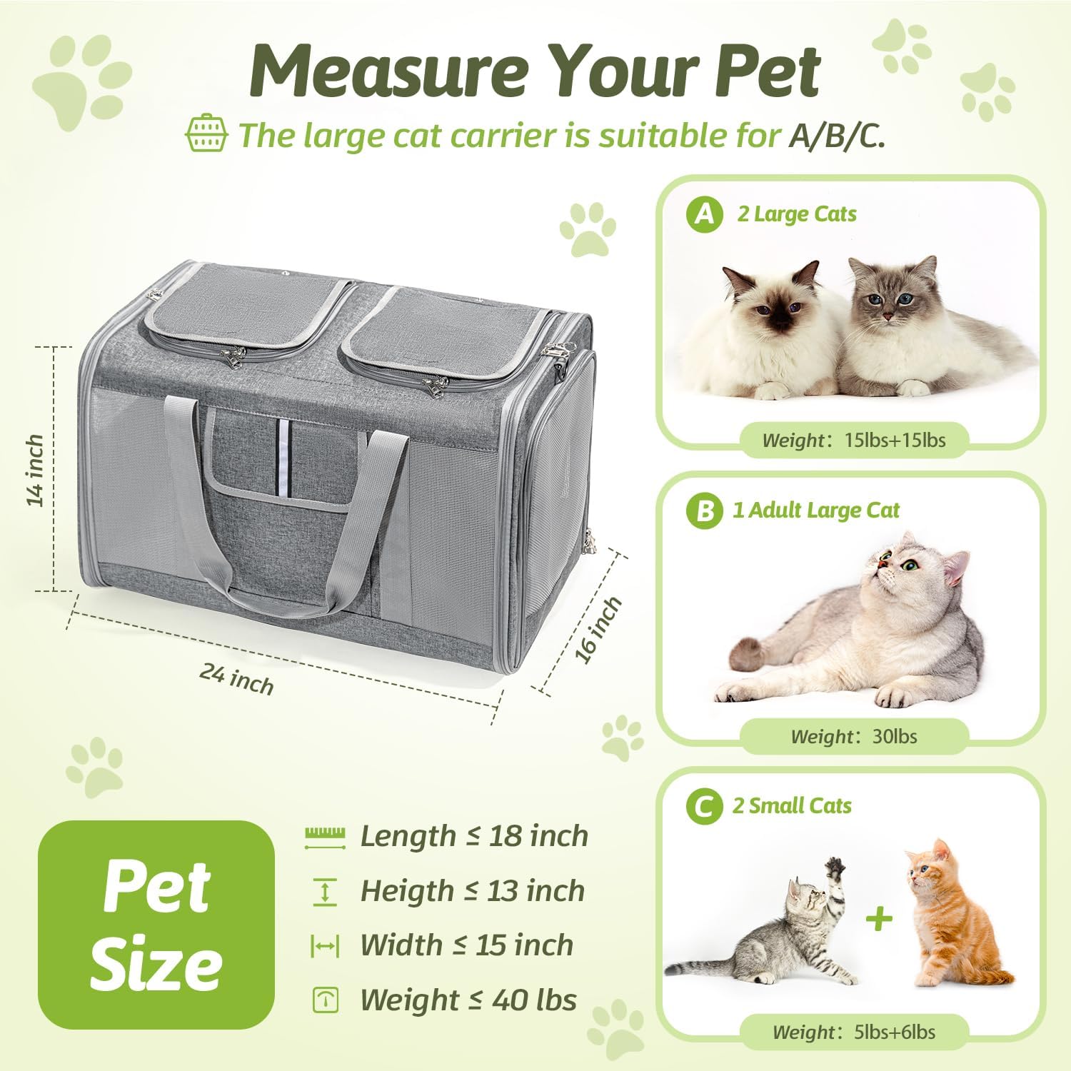 Extra Large Cat Carrier for 2 Cats, 24x 14x 16in Pet Carrier for Cat and Dog Up to 40lbs, All-Sided Large Mesh Cat Carrier with Great Ventilation, Portable Soft Sided Pet Carrier for Traveling