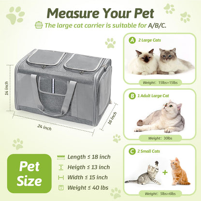 Extra Large Cat Carrier for 2 Cats, 24x 14x 16in Pet Carrier for Cat and Dog Up to 40lbs, All-Sided Large Mesh Cat Carrier with Great Ventilation, Portable Soft Sided Pet Carrier for Traveling