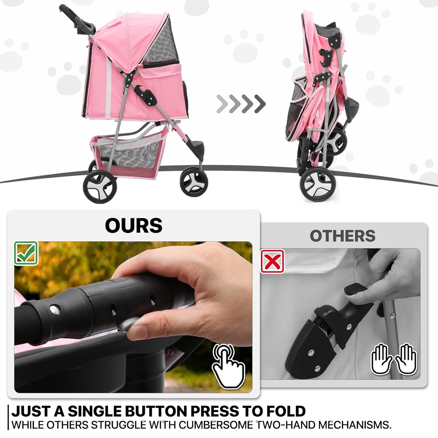 MoNiBloom Foldable 3-Wheel Pet Stroller with Storage, Cup Holder, and Waterproof Cover for Small Dogs and Cats