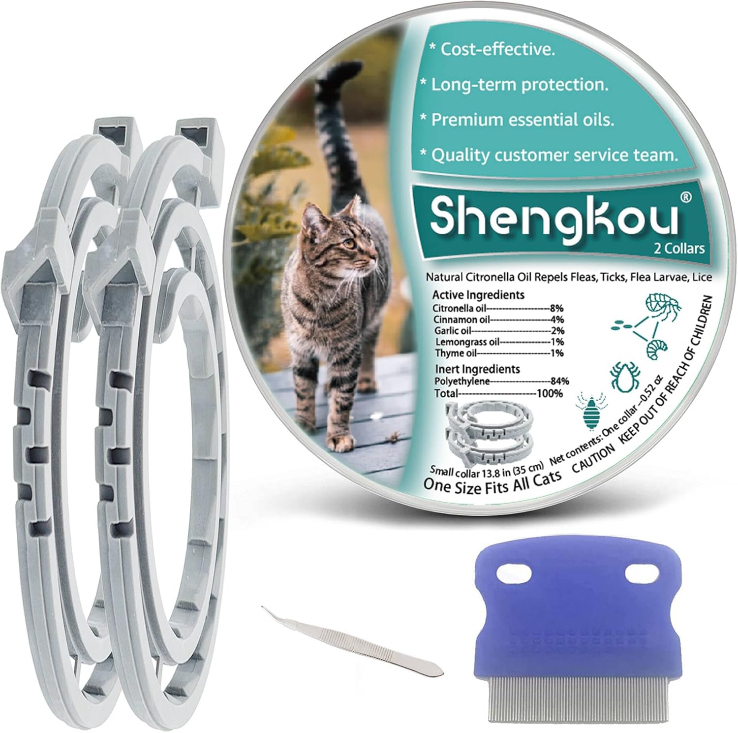 Flea and Tick Collar for Cats - Offers 12-Month Protection, Crafted with Premium Plant Oils, Waterproof, Natural, Safe for Kittens, Includes Free Comb and Tweezers, 13.8 in (2 Packs)