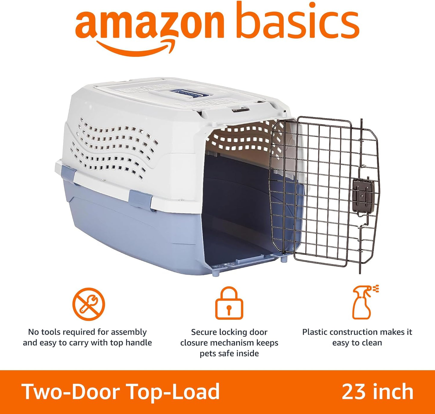 Amazon Basics - 2-Door Top-Load Hard-Sided Dogs, Cats Pet Travel Carrier, Gray & Blue, 22.8"L x 15.0"W x 13.0"H