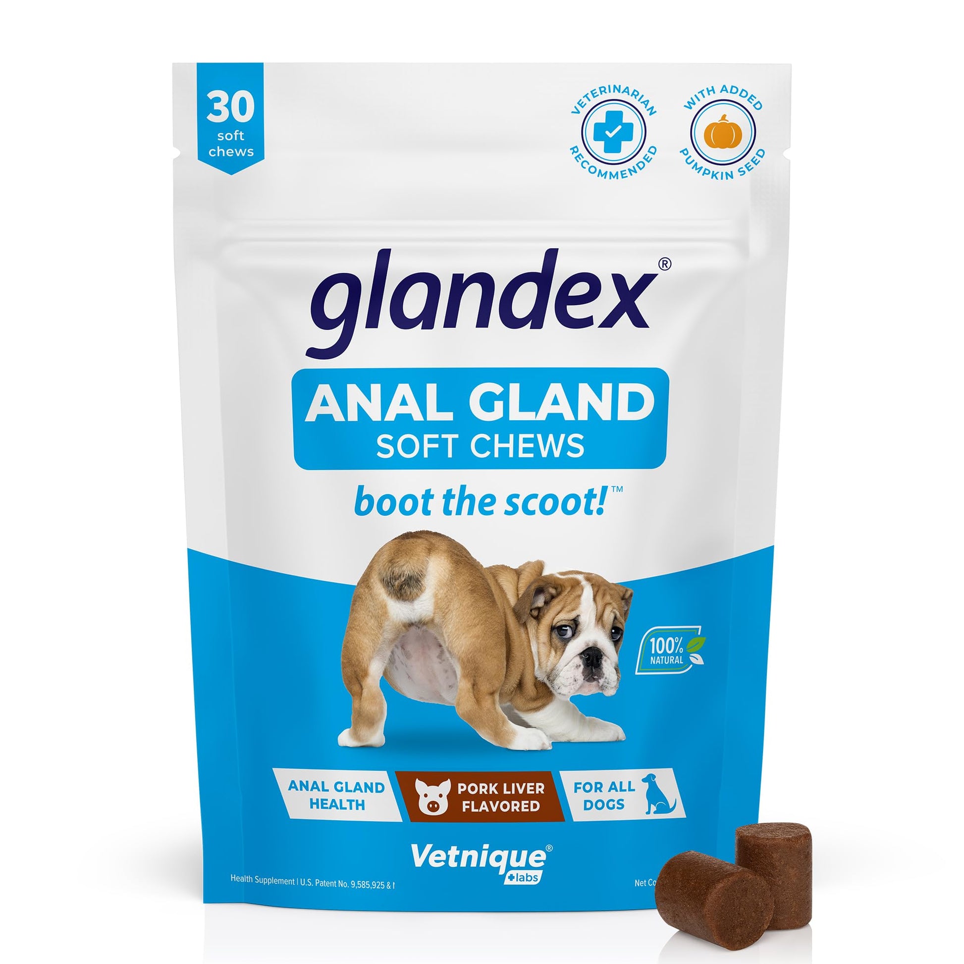 Glandex Anal Gland Soft Chew Treats with Pumpkin for Dogs Digestive Enzymes, Probiotics Fiber Supplement for Dogs Boot The Scoot (Peanut Butter Chews, 60ct)