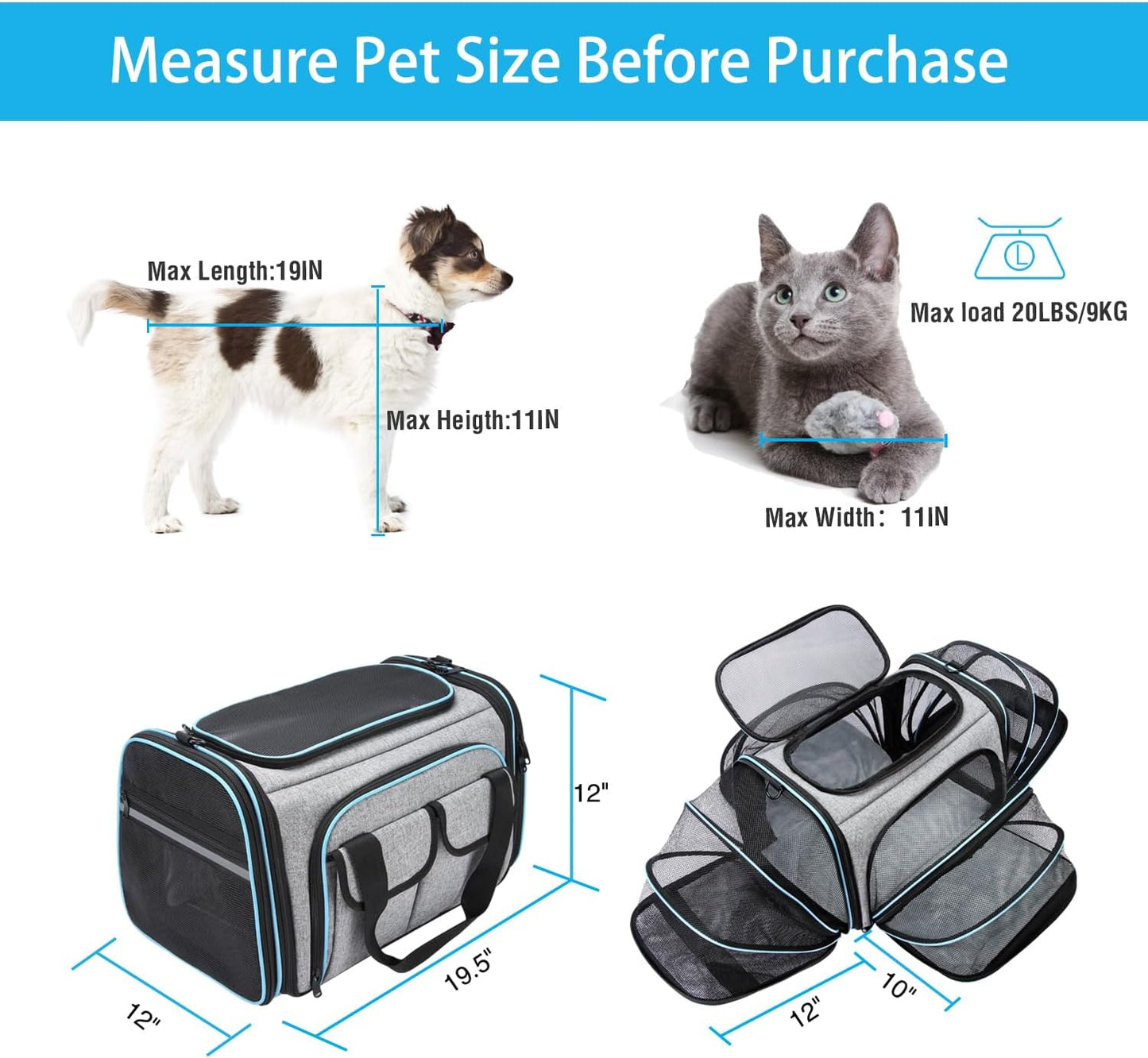 Airline Approved Pet Carrier, Large Soft Sided Pet Travel TSA Carrier 4 Sides Expandable Cat Collapsible Carrier with Removable Fleece Pad and Pockets for Cats Dogs and Small Animals