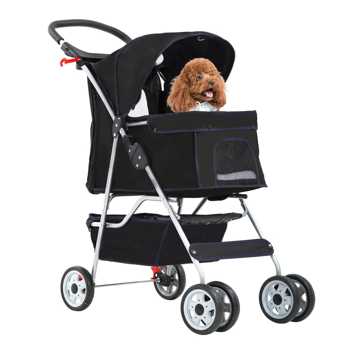 FDW Pet Stroller 4-Wheel Dog Cat Stroller Travel Folding Carrier Puppy Stroller with Cup Holder and Removable Liner for Small Medium Dogs Cats, Black