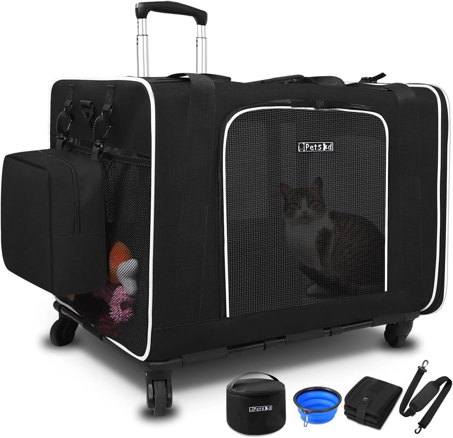 Petskd Extra Large Pet Carrier with Wheels 24"x17"x17" for Cats, Pet Carrier for 2 Cats or Medium Dog, Cat Carrier for Car Travel with Litter Box, Bowl and Locking Safety Zipper(Black)