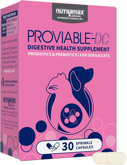 Nutramax Proviable Digestive Health Supplement Multi-Strain Probiotics and Prebiotics for Cats and Dogs - With 7 Strains of Bacteria, 30 Capsules