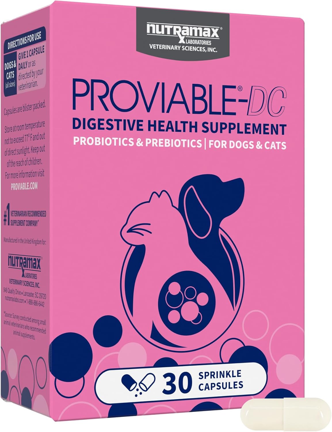 Nutramax Proviable Digestive Health Supplement Multi-Strain Probiotics and Prebiotics for Cats and Dogs - With 7 Strains of Bacteria, 30 Capsules