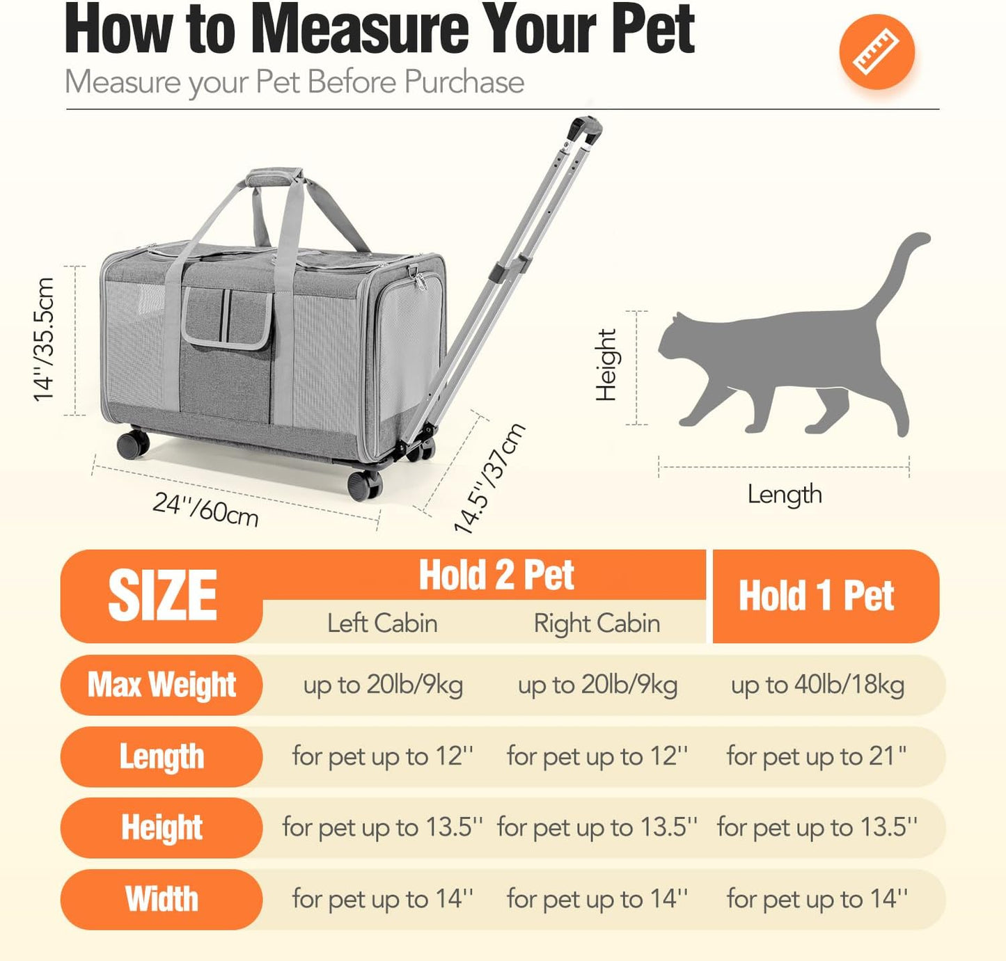 Double Cat Carrier with Wheels, 24" L x 14.5" W x 14" H Extra Large Cat Carrier for 2 Big Cats, Soft Rolling Pet Carrier for Dogs Up to 40 Lbs, Double-Compartment Foldable Pet Carrier (Grey)