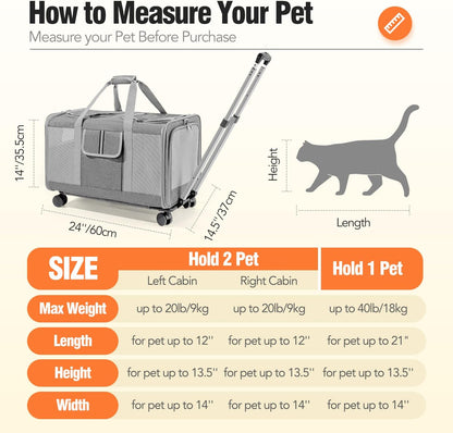 Double Cat Carrier with Wheels, 24" L x 14.5" W x 14" H Extra Large Cat Carrier for 2 Big Cats, Soft Rolling Pet Carrier for Dogs Up to 40 Lbs, Double-Compartment Foldable Pet Carrier (Grey)