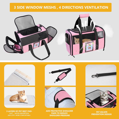 Cat Carrier, Dog Carrier, Pet Carrier Airline Approved for Cat, Small Dogs, Kitten, Cat Carriers for Small Medium Cats Under 15lb, Collapsible Soft Sided TSA Approved Cat Travel Carrier, Pink