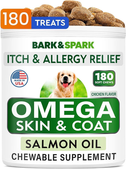 BARK&SPARK Omega 3 for Dogs - 180 Fish Oil Treats for Dog Shedding, Skin Allergy, Itch Relief, Hot Spots Treatment - Joint Health - Skin and Coat Supplement - EPA & DHA Fatty Acids - Salmon Oil