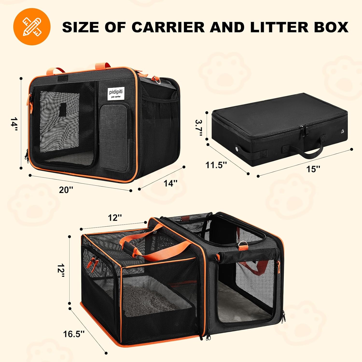 20 x 14 x 14 Expandable cat car Travel Carrier for 1 Small-Medium cat,with a Portable Leakproof Small cat Litter Box