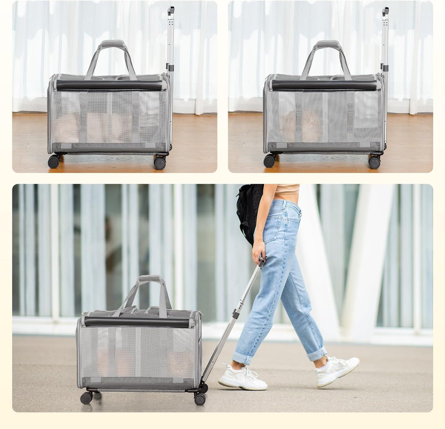 Double Cat Carrier with Wheels, 24" L x 14.5" W x 14" H Extra Large Cat Carrier for 2 Big Cats, Soft Rolling Pet Carrier for Dogs Up to 40 Lbs, Double-Compartment Foldable Pet Carrier (Grey)