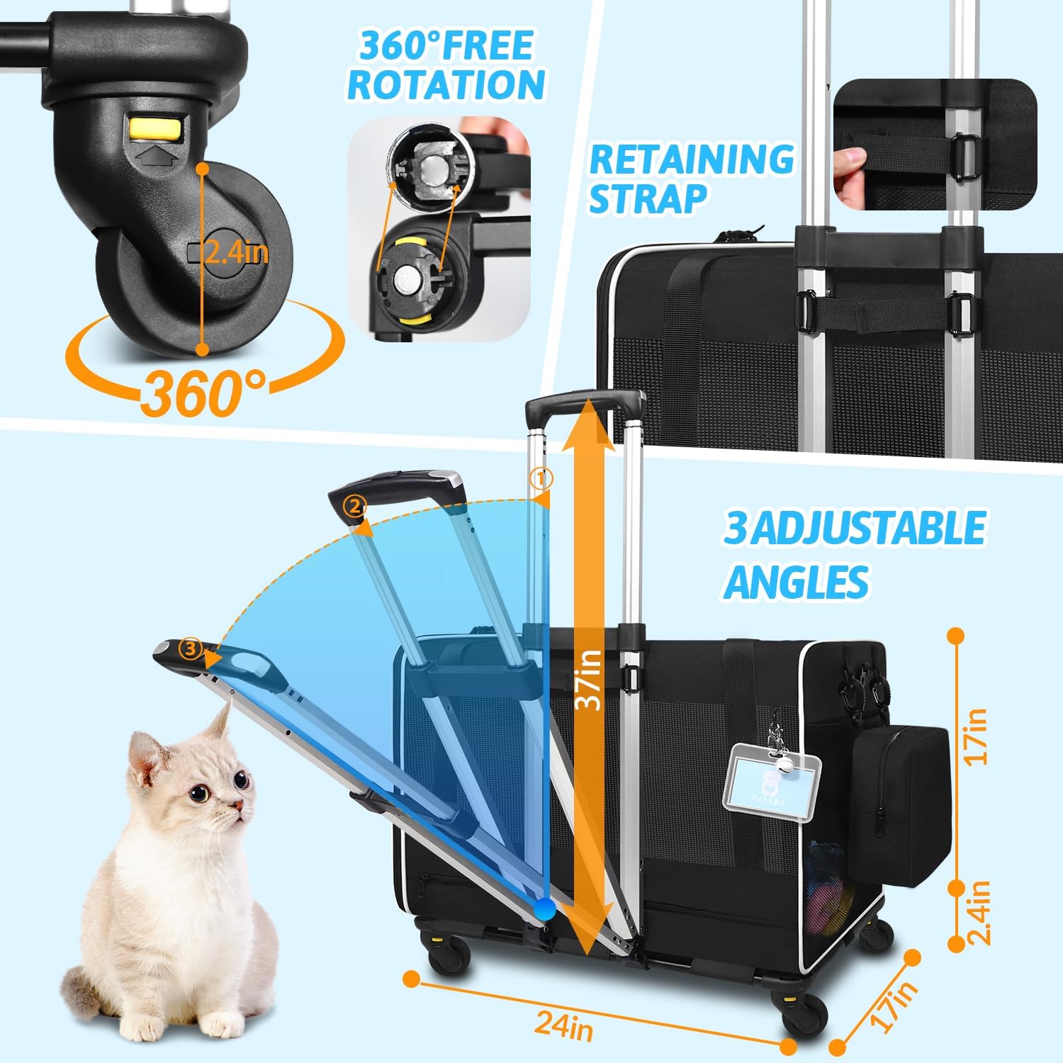 Petskd Extra Large Pet Carrier with Wheels 24"x17"x17" for Cats, Pet Carrier for 2 Cats or Medium Dog, Cat Carrier for Car Travel with Litter Box, Bowl and Locking Safety Zipper(Black)