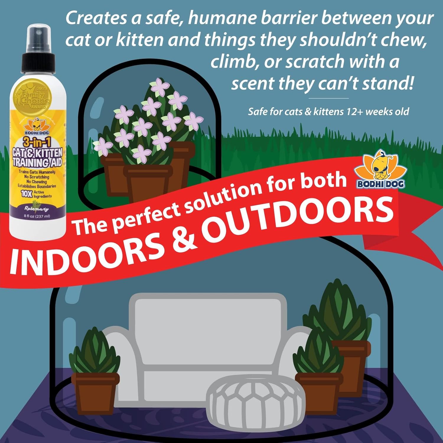 Bodhi Dog 3-in-1 Cat & Kitten Training Aid | Cat Deterrent Spray for Indoor and Outdoor Use | Cat Repellent Spray for Furniture | Establish Boundaries & Keep Cat Off | Made in The USA (8 oz)