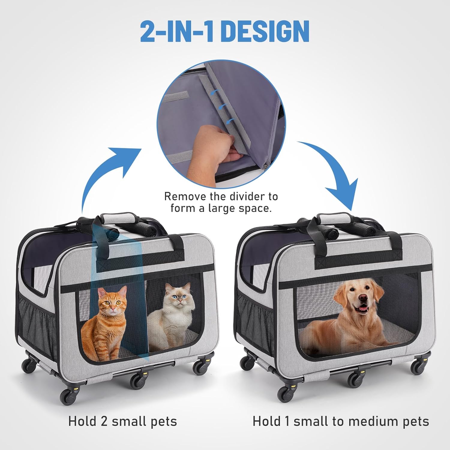 Extra Large Double Pet Carrier with Wheels for Small Dogs and All-Breed Cats, Cat Rolling Carrier for 2 Cats, Support up to 40 Lbs, Grey