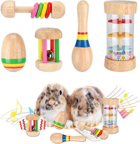 MEWTOGO 5 Pcs Wooden Bunny Toys - Safe Rabbit Toys, Multi-Colored Bite-Resistant Guinea Pigs Toys for Chinchillas Hamsters Small Animals Playing Indoor Outdoor Bunny Gifts