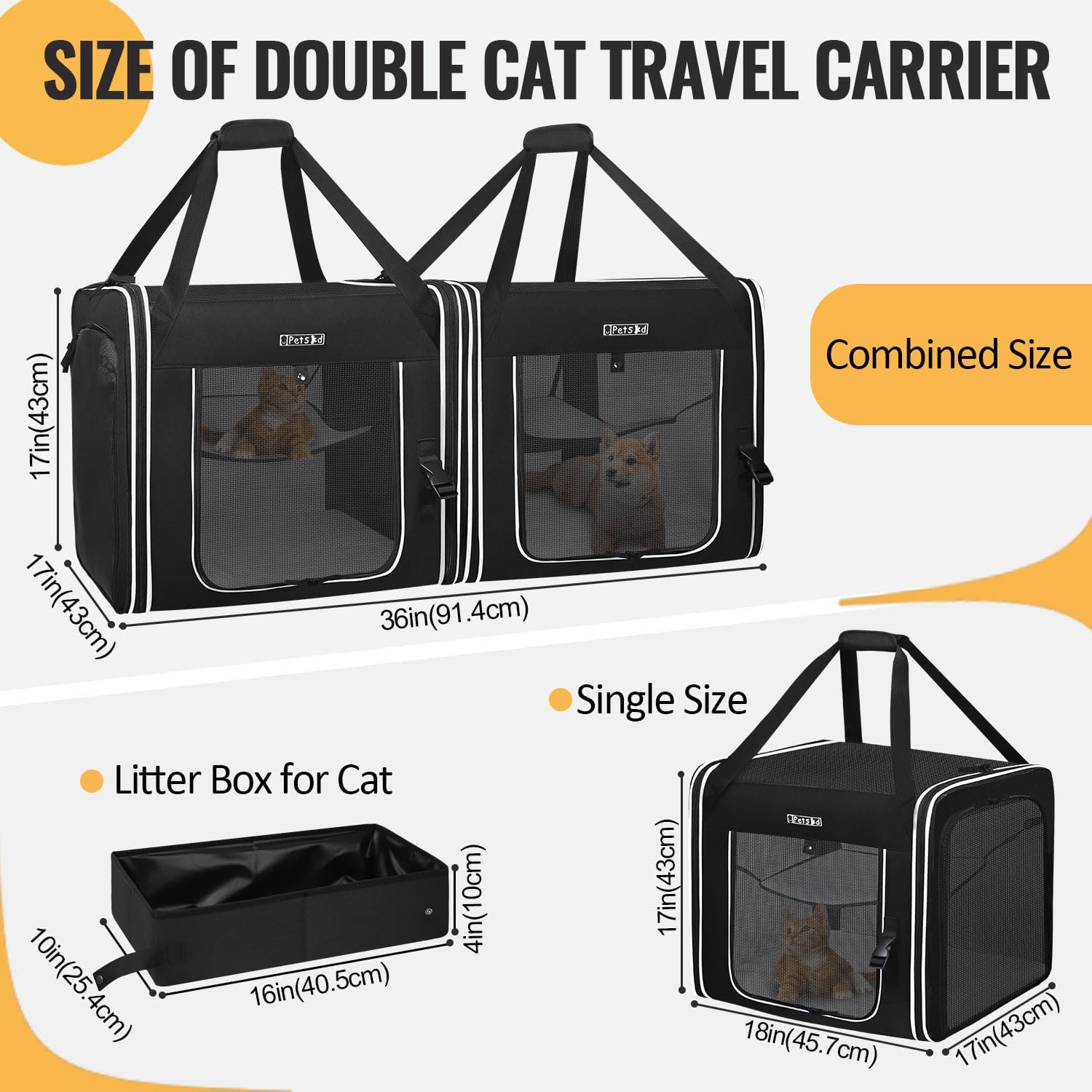 Petskd Portable Double Cat Carrier 2in1 Cat Car Travel Carrier 36x17x17in Dual Large Cat Carrier with Litter Box Pet Travel Carrier for Multiple Cats Soft Collapsible Carrier for Long Distance Travel