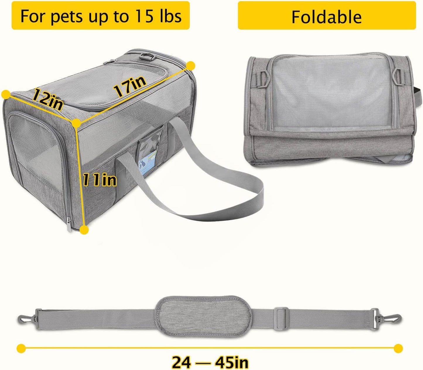 Refrze Pet Carrier Airline Approved, Cat Carriers for Medium Cats Small Cats, Soft Dog Carriers for Small Dogs Medium Dogs, TSA Approved Pet Carrier for Cats Dogs of 15 Lbs, Puppy Carrier,Grey