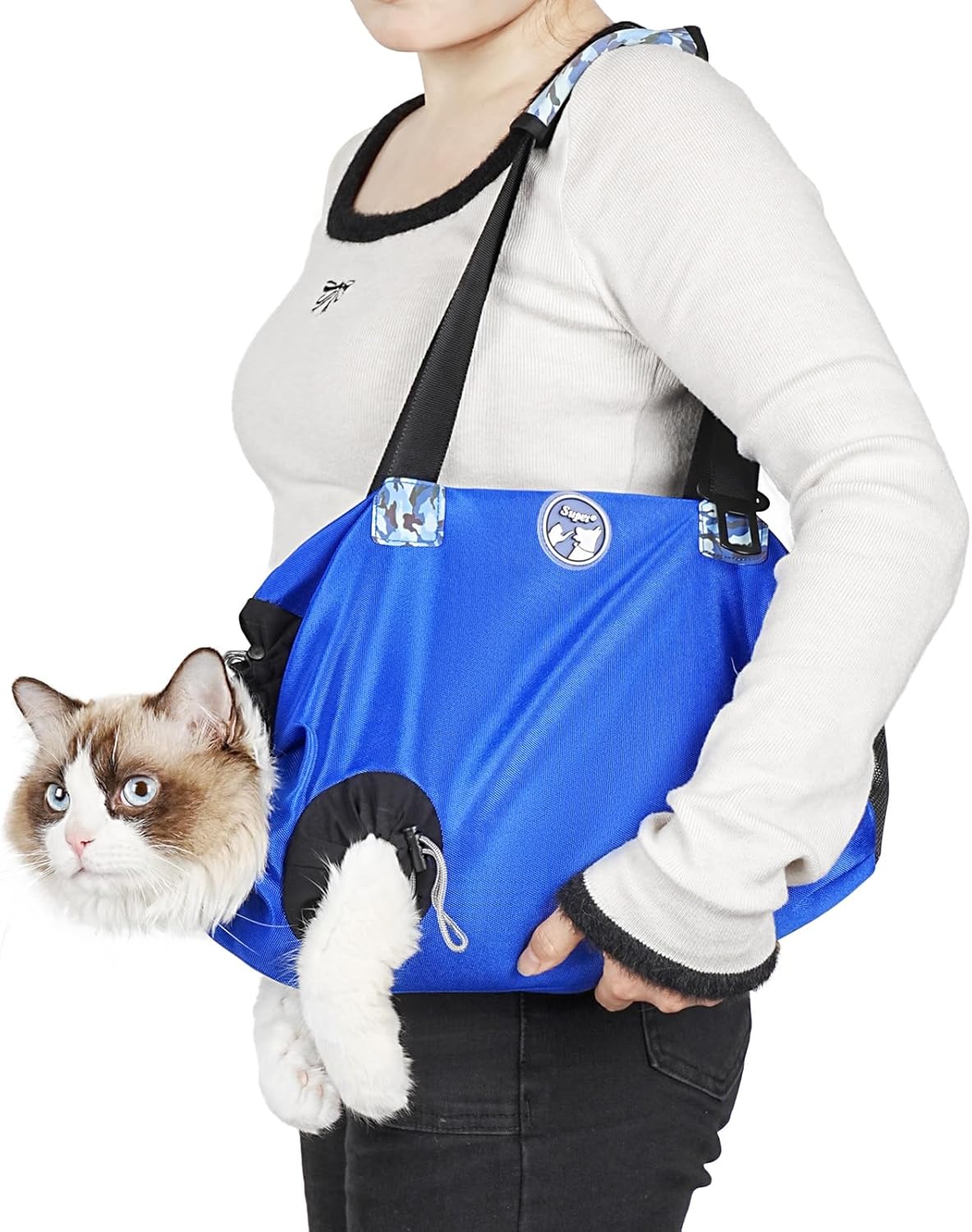 Large Cat Carrier Pouch for Vet Visits, Breathable Cat Sling Carrier for Cutting Nails, Grooming, Travel, Medication, Cat Restraint Bag, Pet Carrier for Cats, Cat Carrier Soft, (Blue,L)