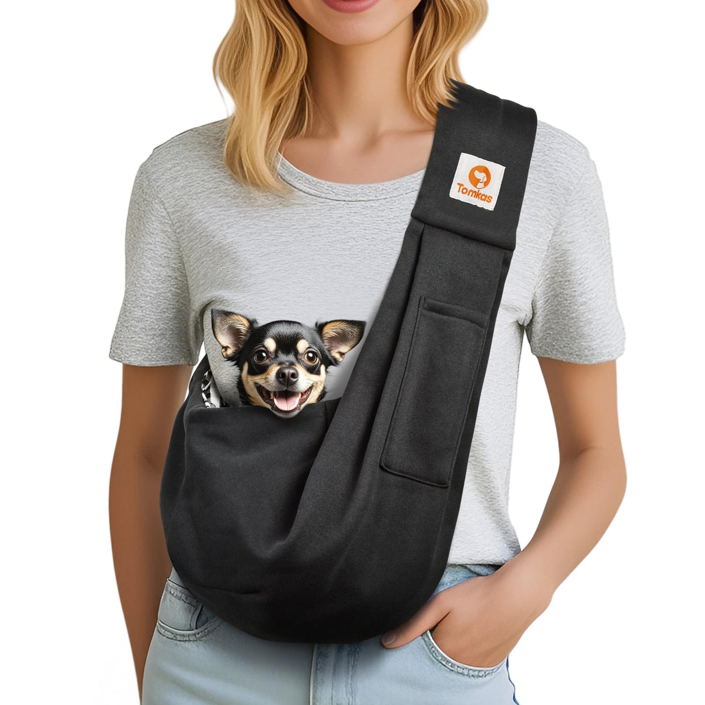 Tomkas Small Dog Sling Carrier - Adjustable Strap & Zip Pocket - Suitable for Puppies (Black) LukkyDeals