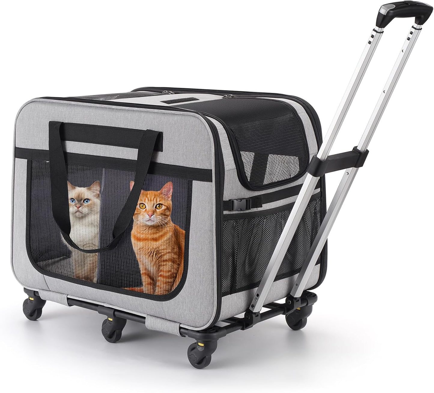 Extra Large Double Pet Carrier with Wheels for Small Dogs and All-Breed Cats, Cat Rolling Carrier for 2 Cats, Support up to 40 Lbs, Grey