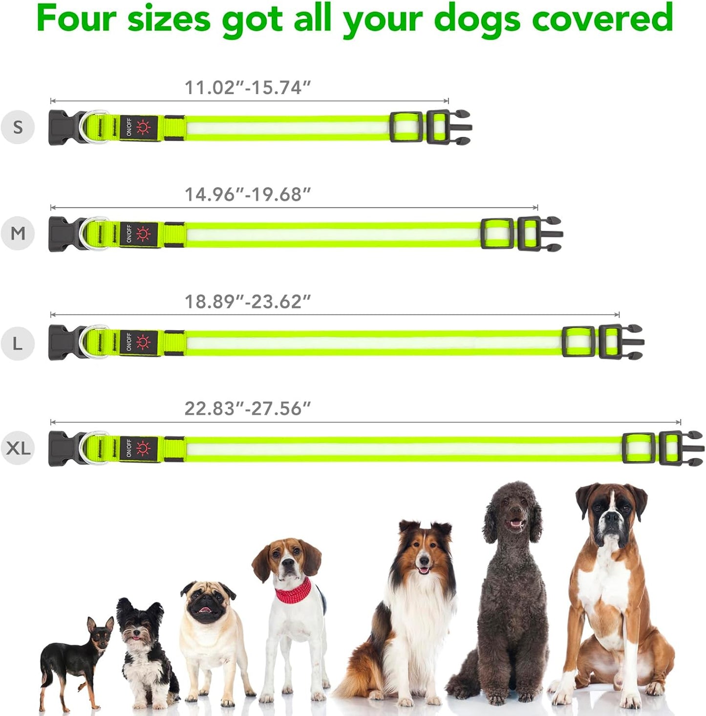 Vizpet LED Dog Collar, Light Up Dog Collar Adjustable USB Rechargeable Super Bright Safety Light Glowing Collars for Dogs(Medium,Green)