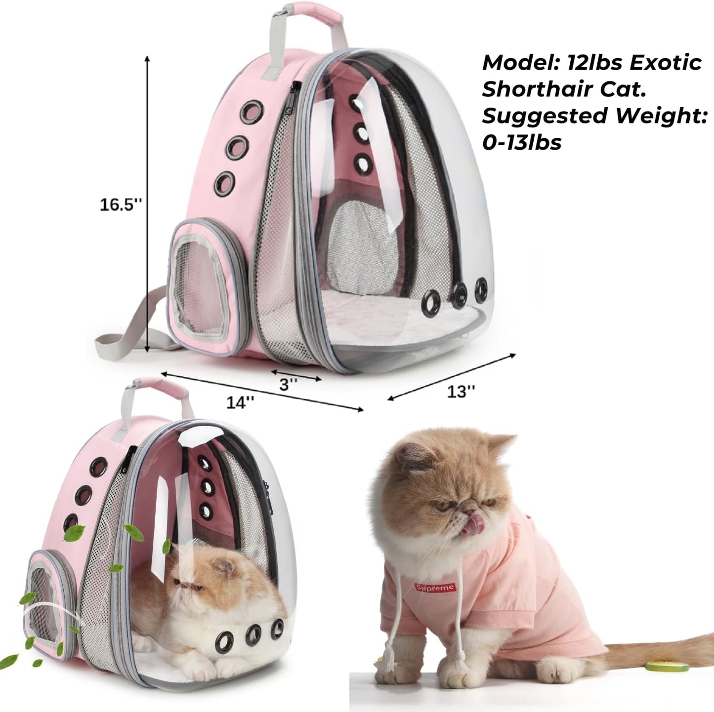 Lollimeow Cat Carrier Backpack, Bubble Expandable Backpack Carrier, Pets and Small Dogs,Airline-Approved, Designed for Travel, Hiking, Walking & Outdoor Use (Front Expandable-Pink)