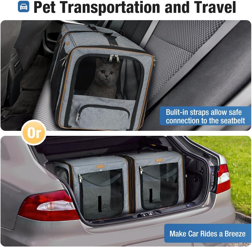 Lekereise 2-in-1 Cat,Dog Carrier for Small Medium Large Pets up to 35 Lbs, (17.7"*2)*16.5"*13" Car Travel Carrier with Litter Box, Bowl, and Locking Zipper - Grey