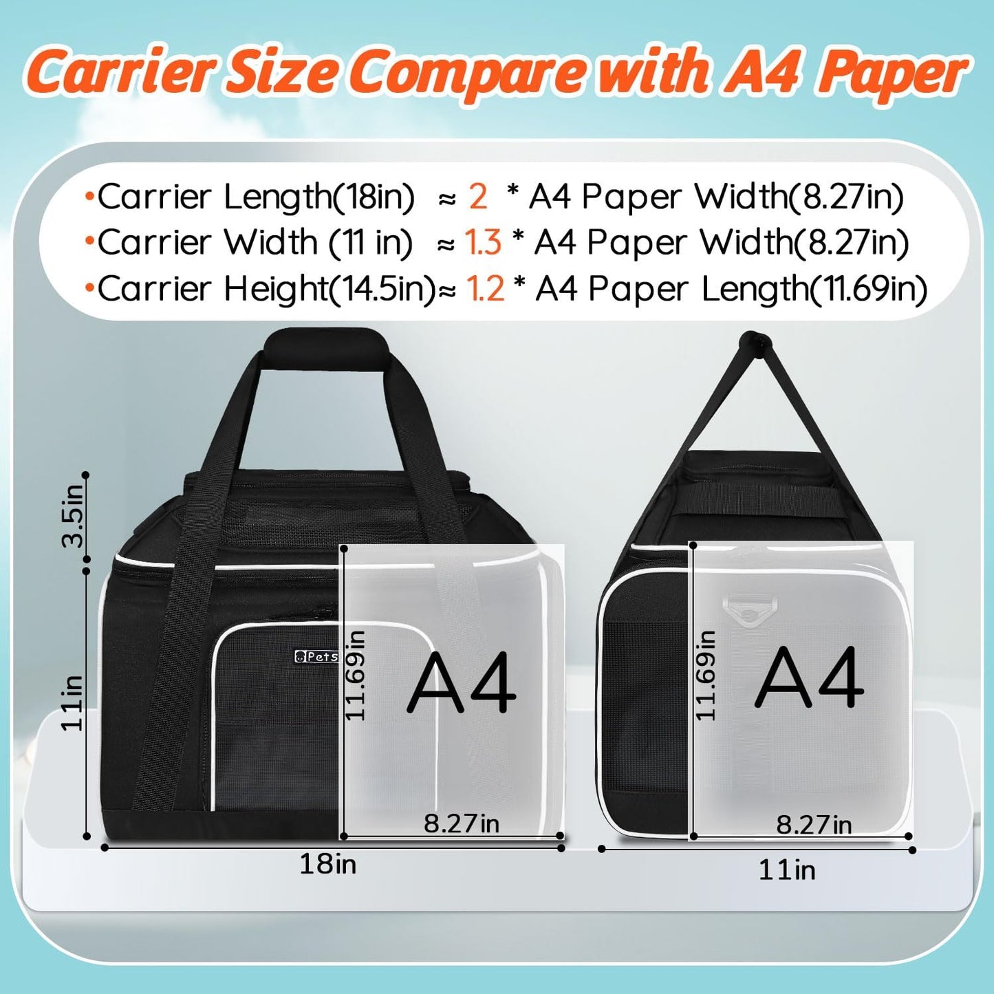 Petskd Top-Expandable Pet Carrier 18x11x11 Inches Delta American United Airline Approved, Soft-Sided Carrier for Small Cats and Dogs with Locking Safety Zippers and Anti-Scratch Mesh(Black)