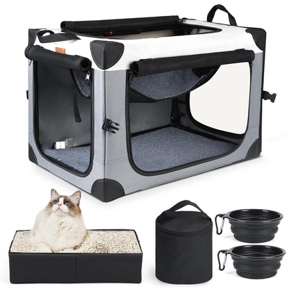 Lekereise 2-in-1 Cat,Dog Carrier for Small Medium Large Pets up to 35 Lbs, (17.7"*2)*16.5"*13" Car Travel Carrier with Litter Box, Bowl, and Locking Zipper - Grey