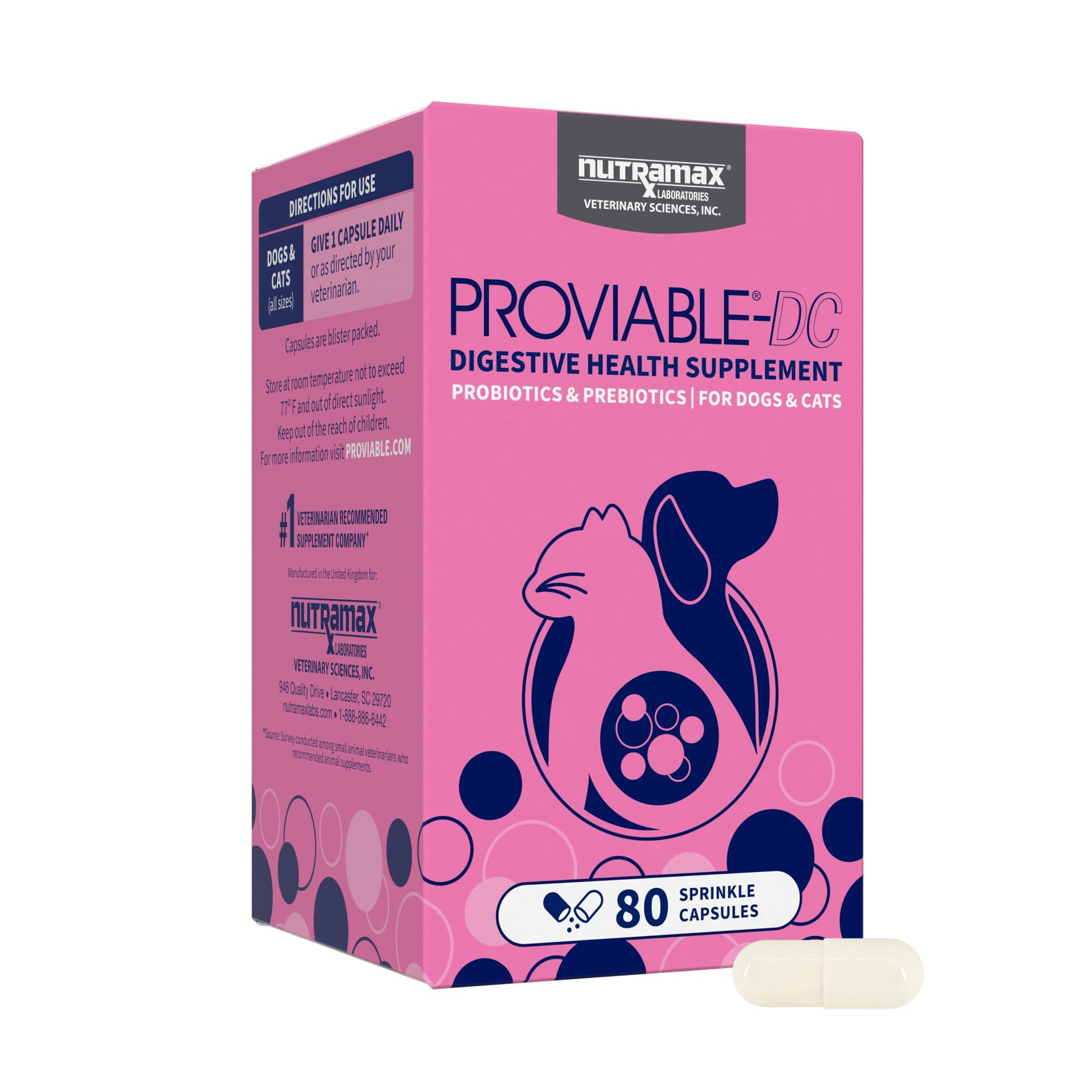 Nutramax Proviable Digestive Health Supplement Multi-Strain Probiotics and Prebiotics for Cats and Dogs - With 7 Strains of Bacteria, 30 Capsules