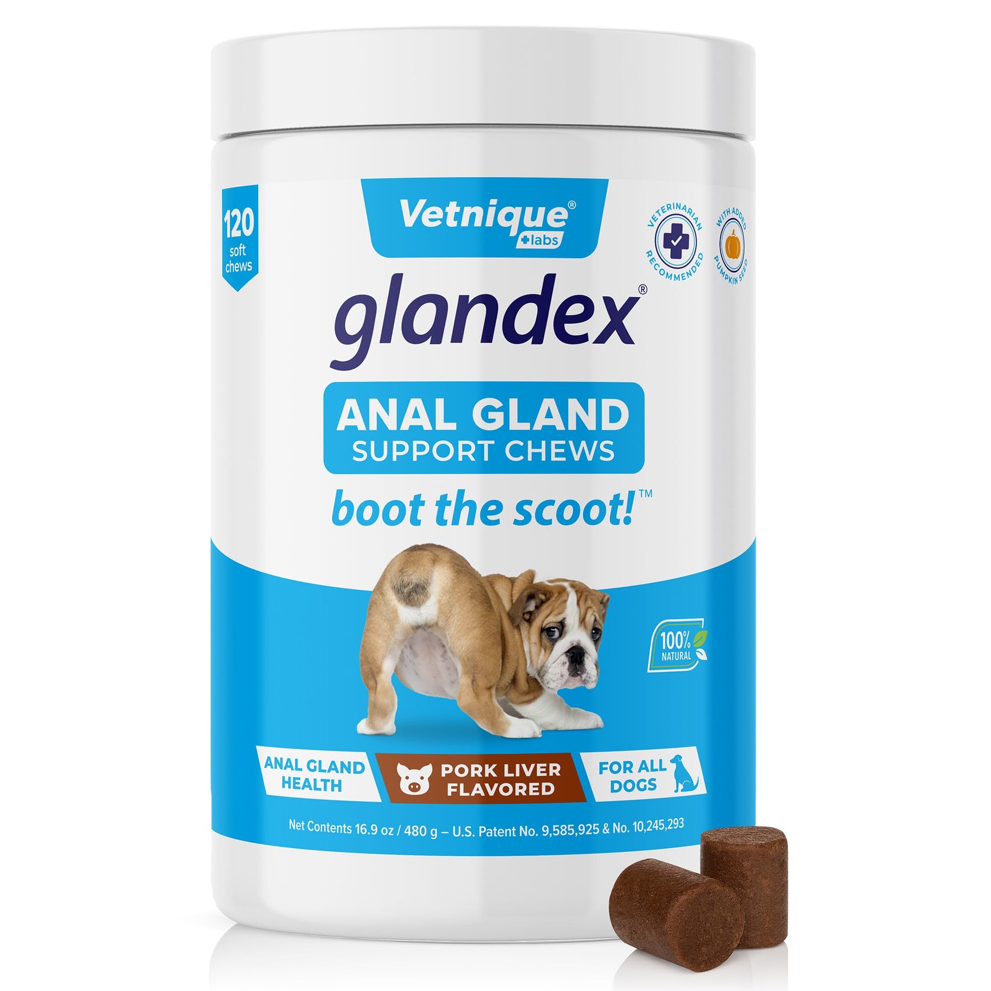 Glandex Anal Gland Soft Chew Treats with Pumpkin for Dogs Digestive Enzymes, Probiotics Fiber Supplement for Dogs Boot The Scoot (Peanut Butter Chews, 60ct)