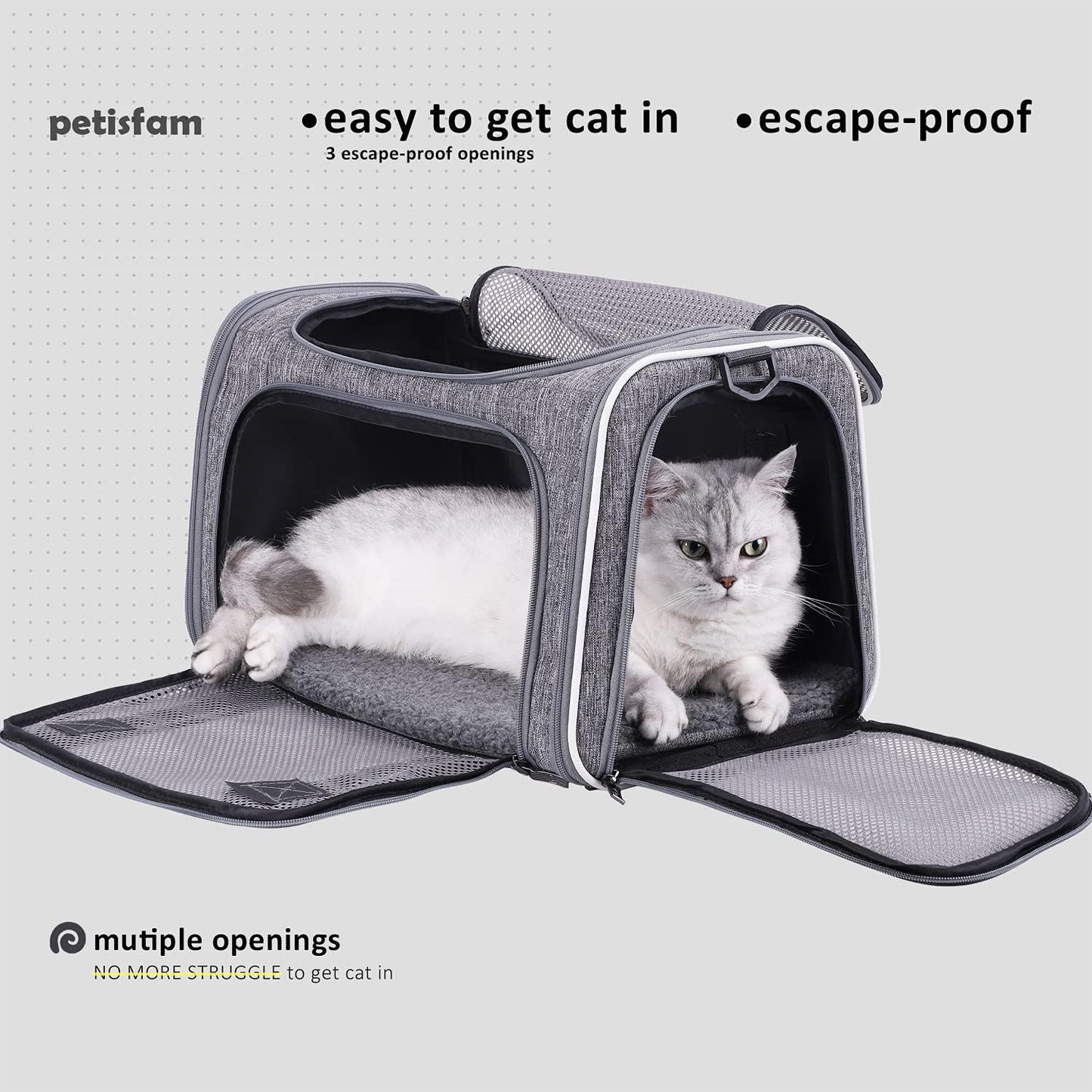 petisfam Top Load Cat Carrier Bag for Medium Cats and Small Dogs. Airline Approved, Collapsible, Escape Proof and Auto-Safe. Easy to get cat in and Make Vet Visit Less Stressful