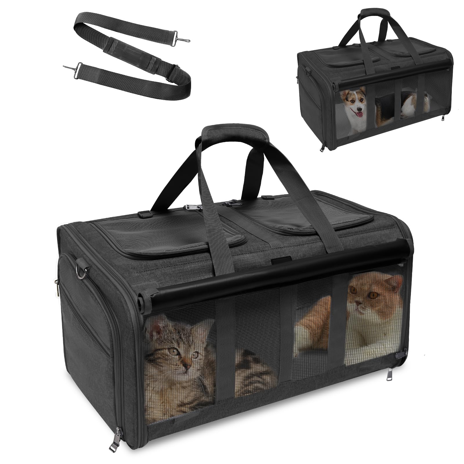 GJEASE Cat Rolling Carrier for 2 Cats,Double-Compartment Pet Rolling Carrier with Wheels for 2 Pets,for Up to 35 LBS,Super Ventilated Design,Ideal for Traveling/Hiking/Camping