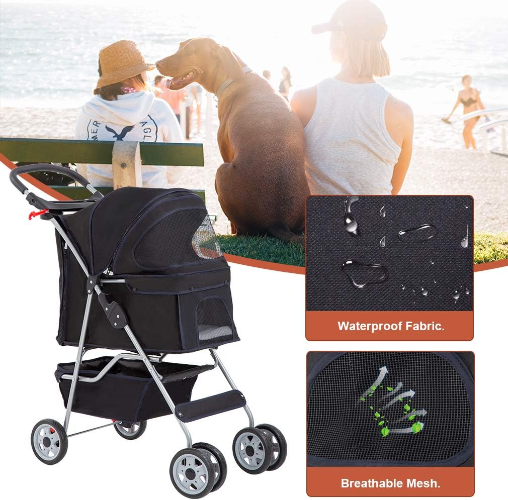 BestPet Pet Stroller Cat Dog Cage Stroller Travel Folding Carrier,Black