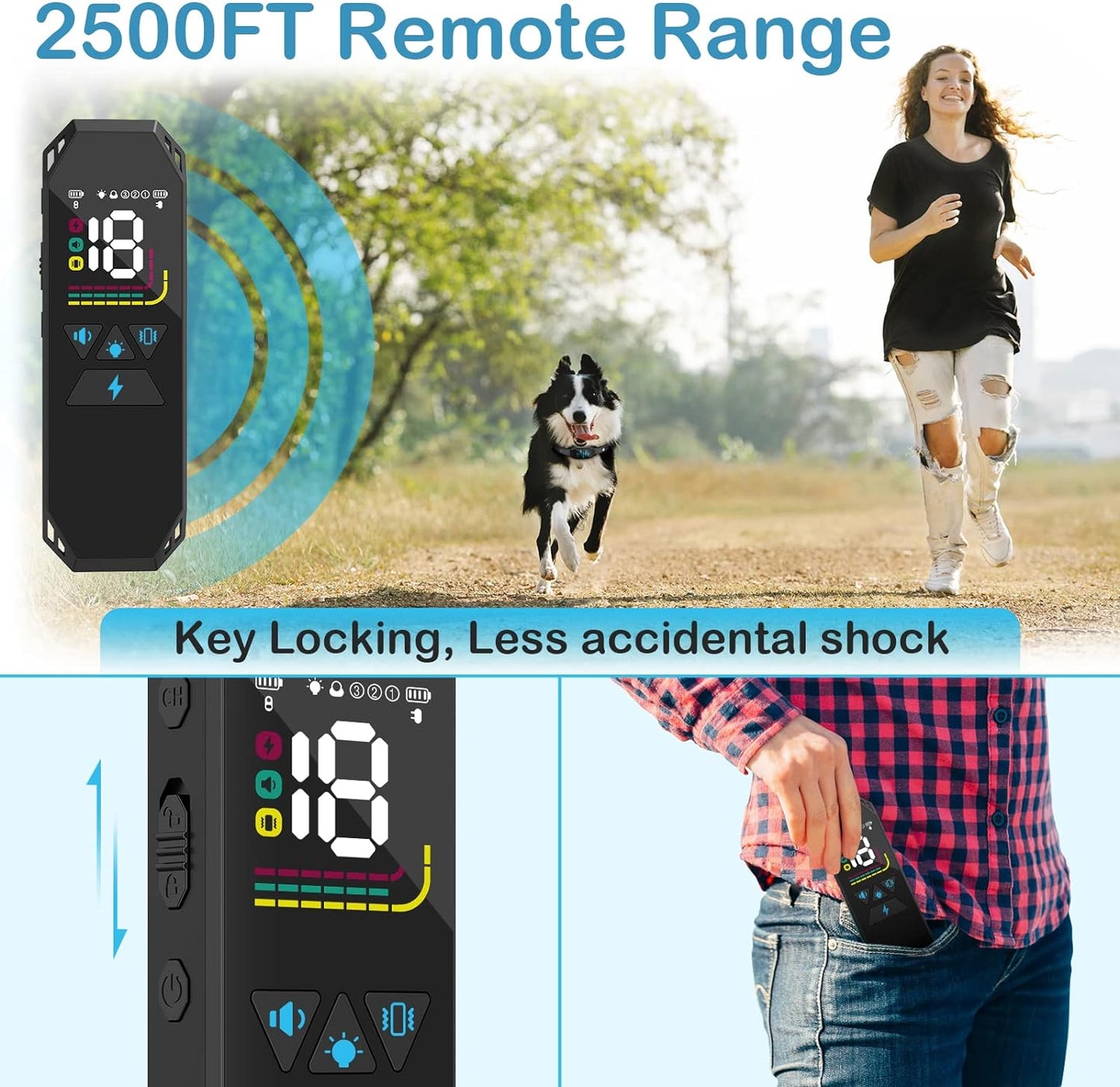 Dog Training Collar, Dog Shock Collar with Remote, 2500FT and 4 Training Modes Beep,Vibration,Electric Shock,Rechargeable IP67 Waterproof for All Breeds