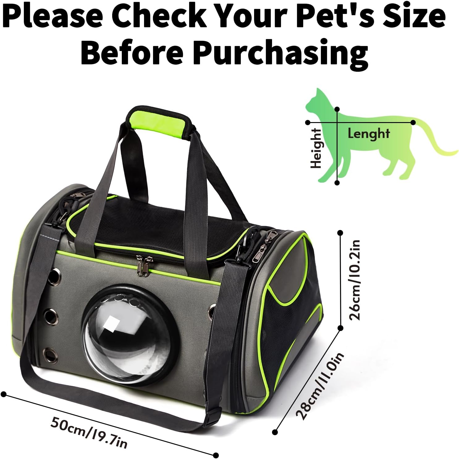 Cat Carrier Soft-Sided, Pet Carrier with Bubble Window, Removable Pad and Adjustable Shoulder Strap, Cat Carrier Bag Ideal for Cats and Small Dogs