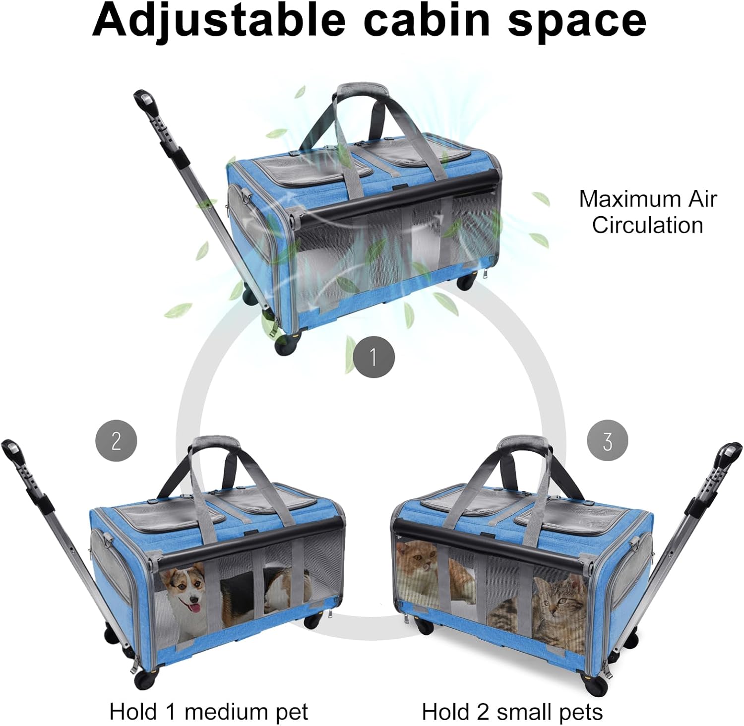 GJEASE Cat Rolling Carrier for 2 Cats,Double-Compartment Pet Rolling Carrier with Wheels for 2 Pets,for Up to 35 LBS,Super Ventilated Design,Ideal for Traveling/Hiking/Camping