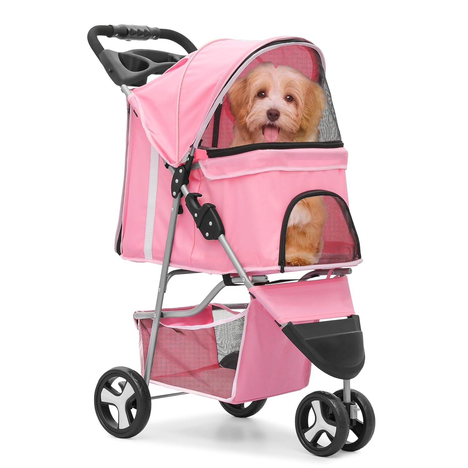 MoNiBloom Foldable 3-Wheel Pet Stroller with Storage, Cup Holder, and Waterproof Cover for Small Dogs and Cats